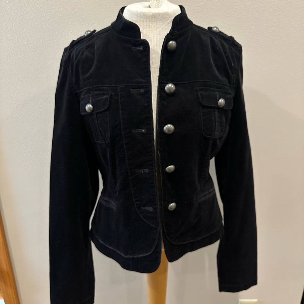 DKNY Jeans Black Velvet Military Style Fitted Jacket size Medium